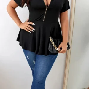 Zip Into Style – Zipper O-Neck Peplum Top