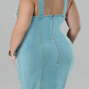 Fringed Party Bodycon Denim Slip Midi Dress