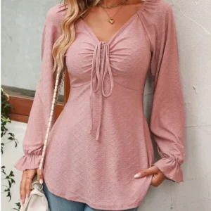 Drawstring Ruffled V-Neck Blouse